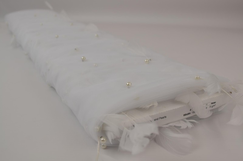 Mesh Federn und Perlen mesh plumes & perles weiß, Rolle